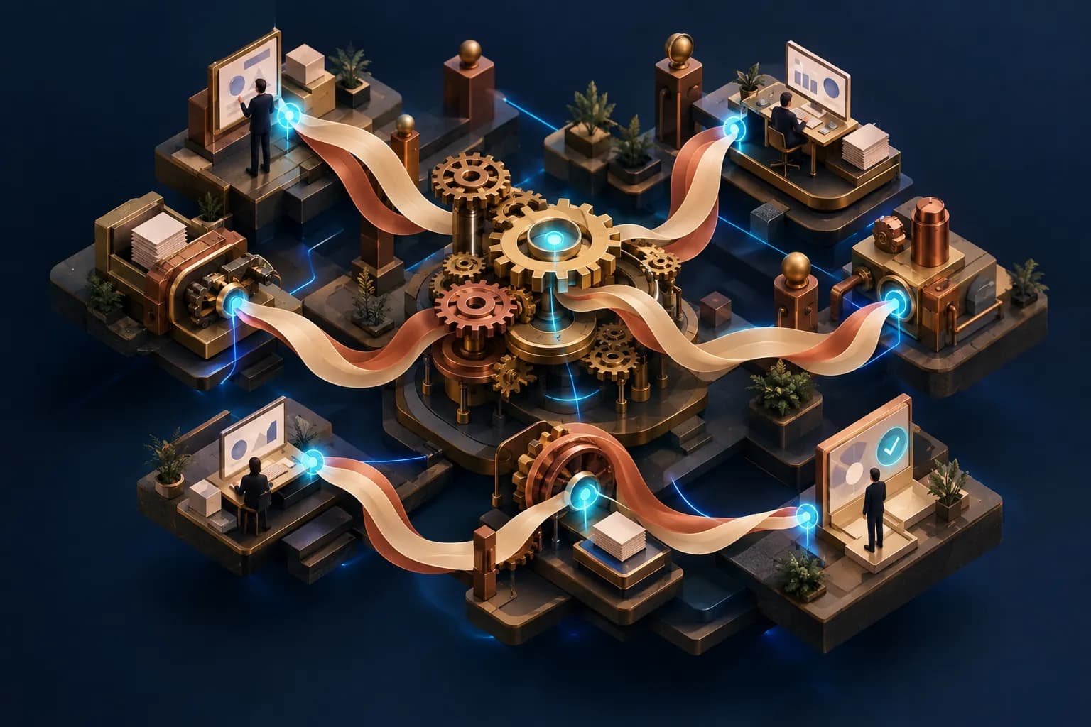 Illustration of gears and ribbons representing trigger, condition, and action workflow